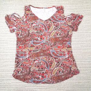 niloufo womens large red paisley cold shoulder short sleeve v-neck shirt top tee